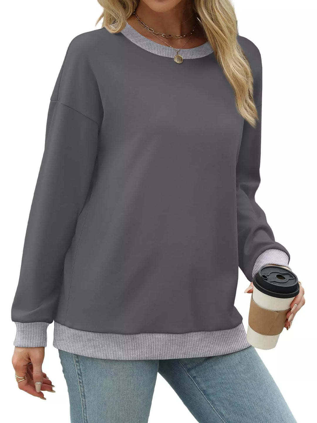 Drop-shoulder crew neck sweatshirt with contrast ribbed trim