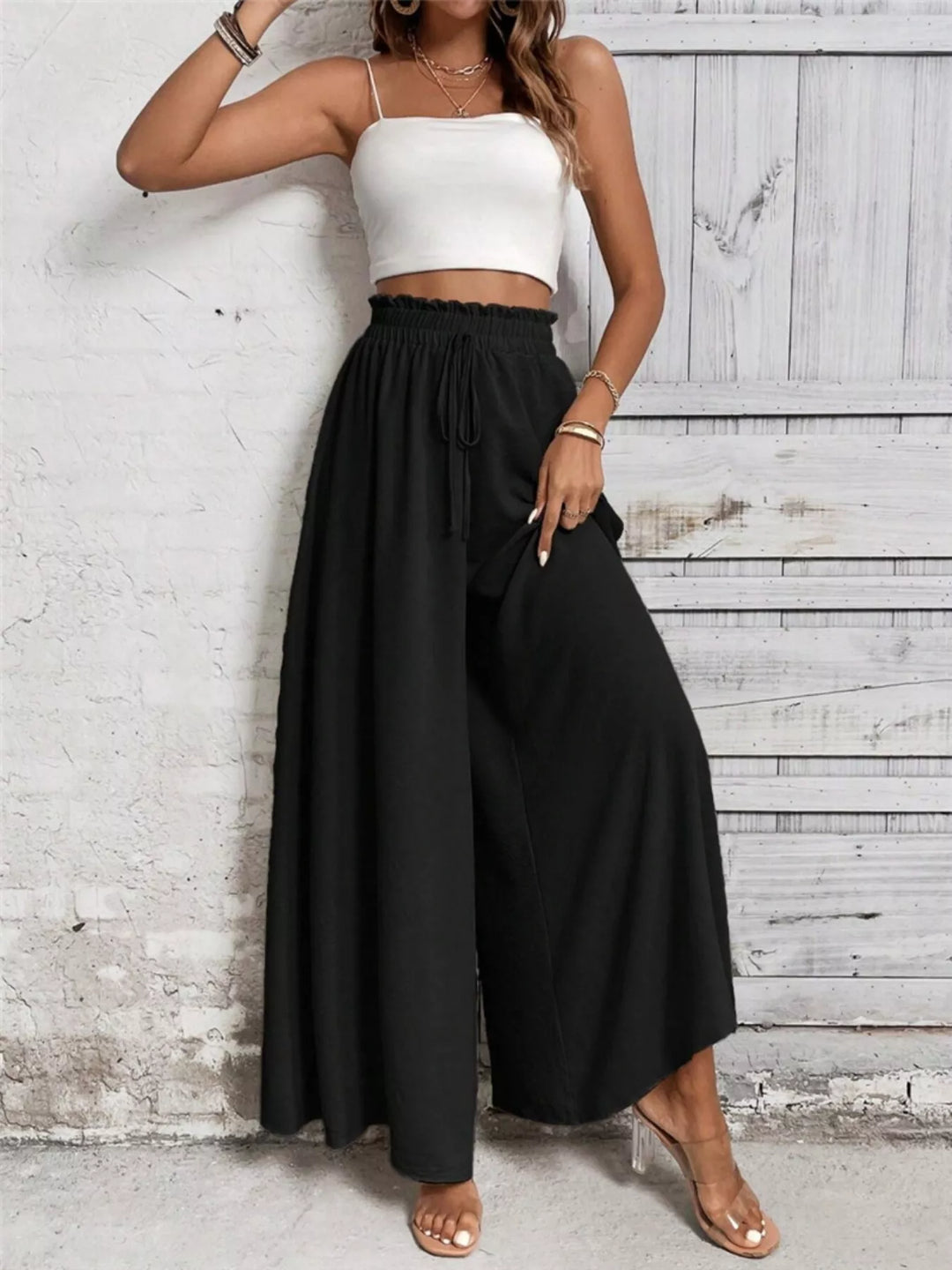 High-rise paper bag wide leg drawstring pants