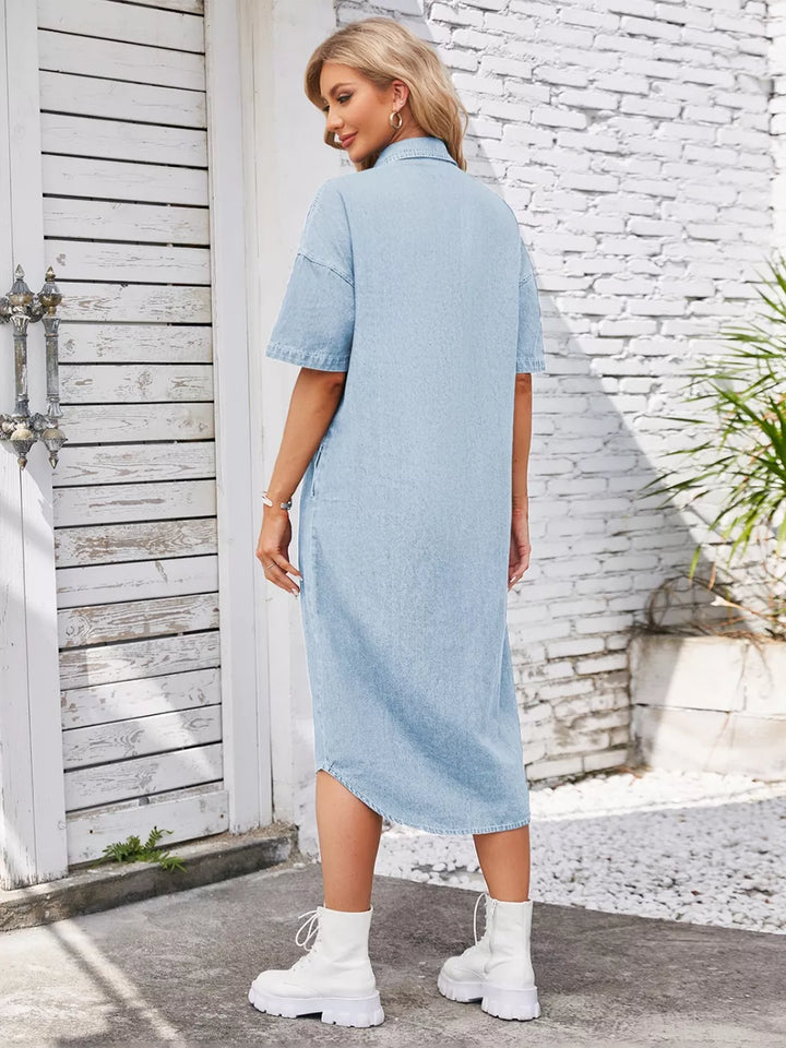 Dropped shoulder button-down denim midi shirt dress