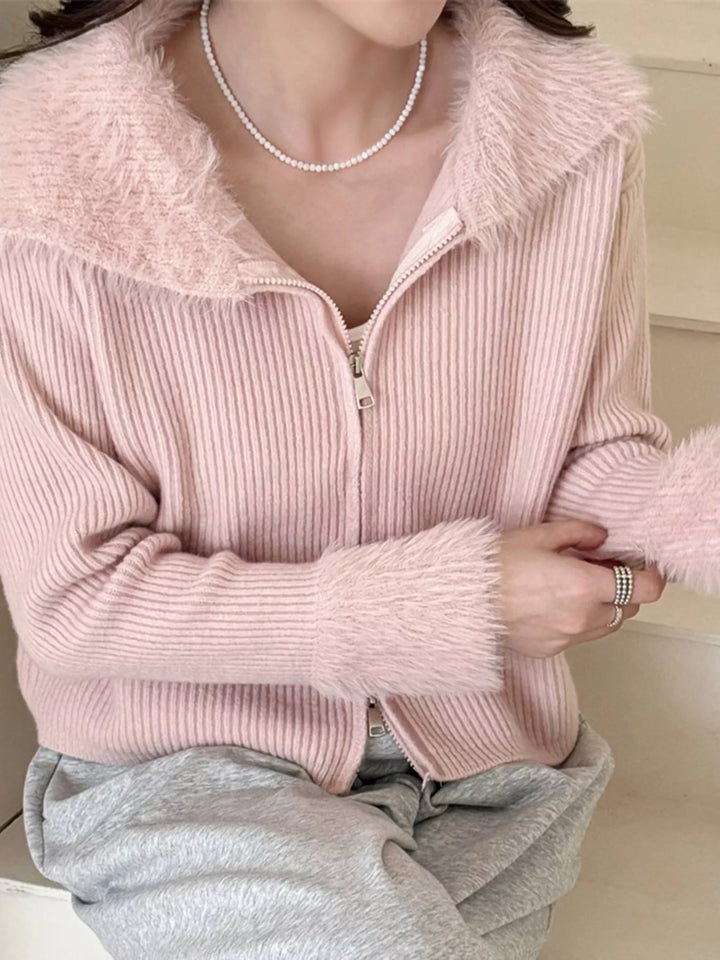 Ribbed knit zip-up cardigan with fluffy faux fur trim