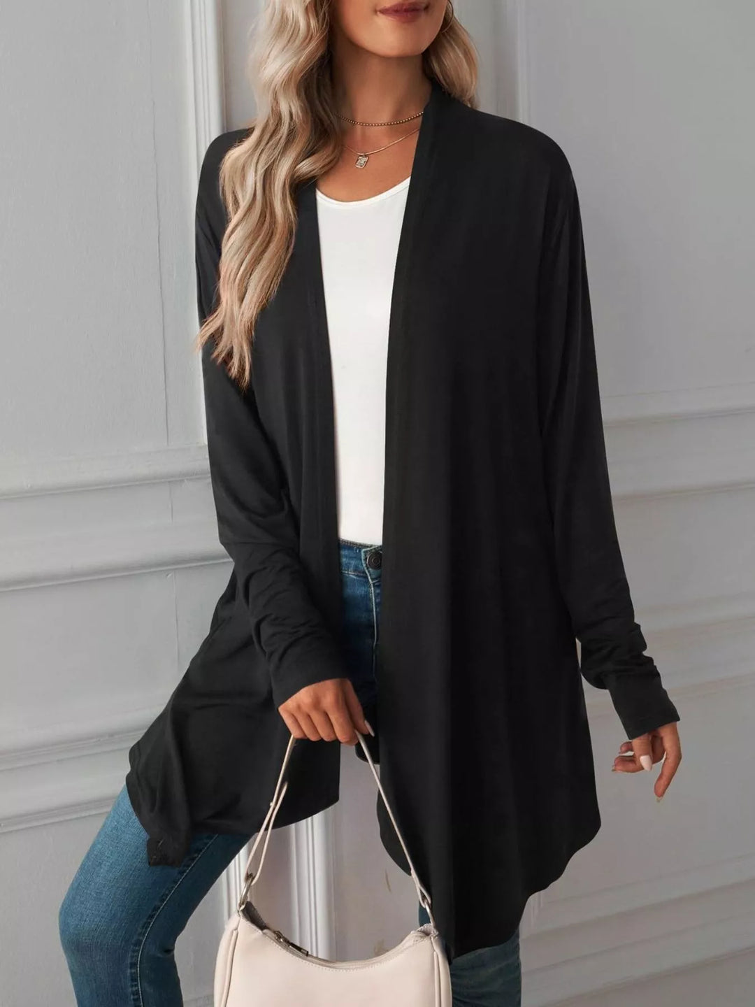 Black Lightweight open front cardigan with draped waterfall hem