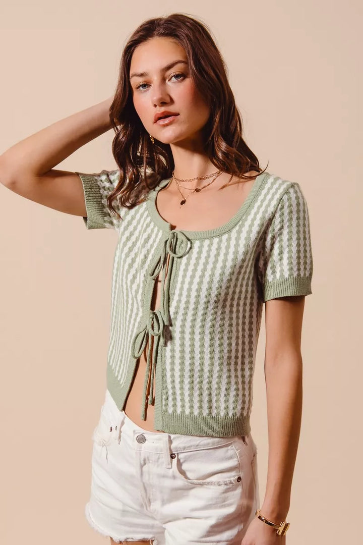 Tie-front striped short sleeve knit cardigan
