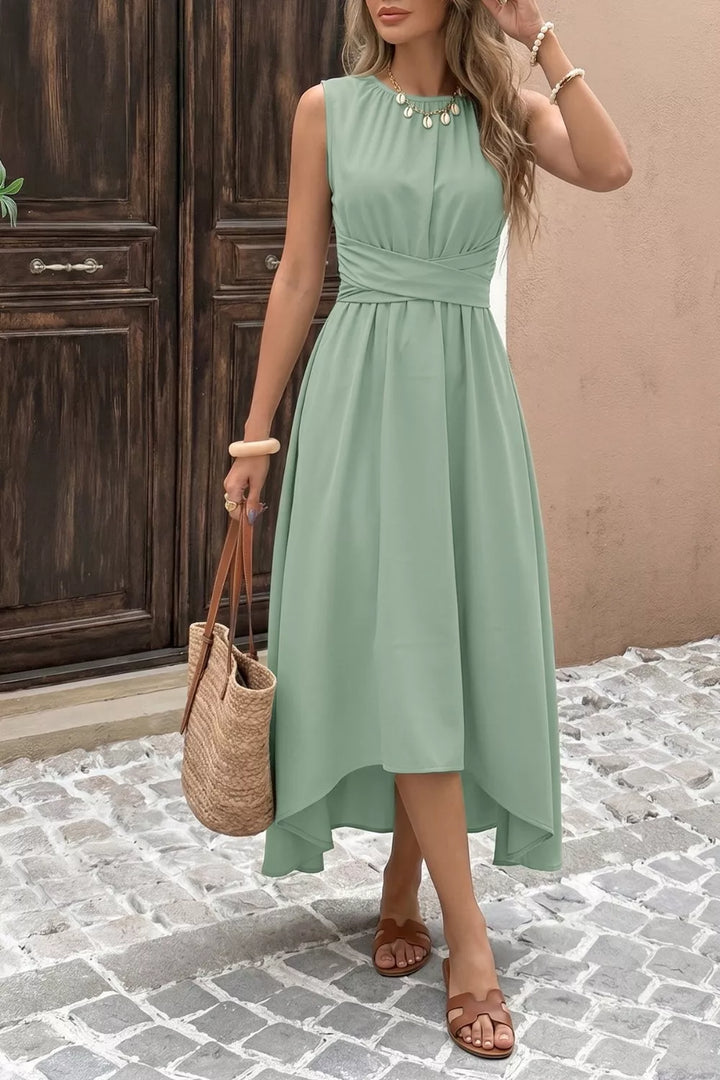 Sleeveless twist-front high-low A-line midi dress