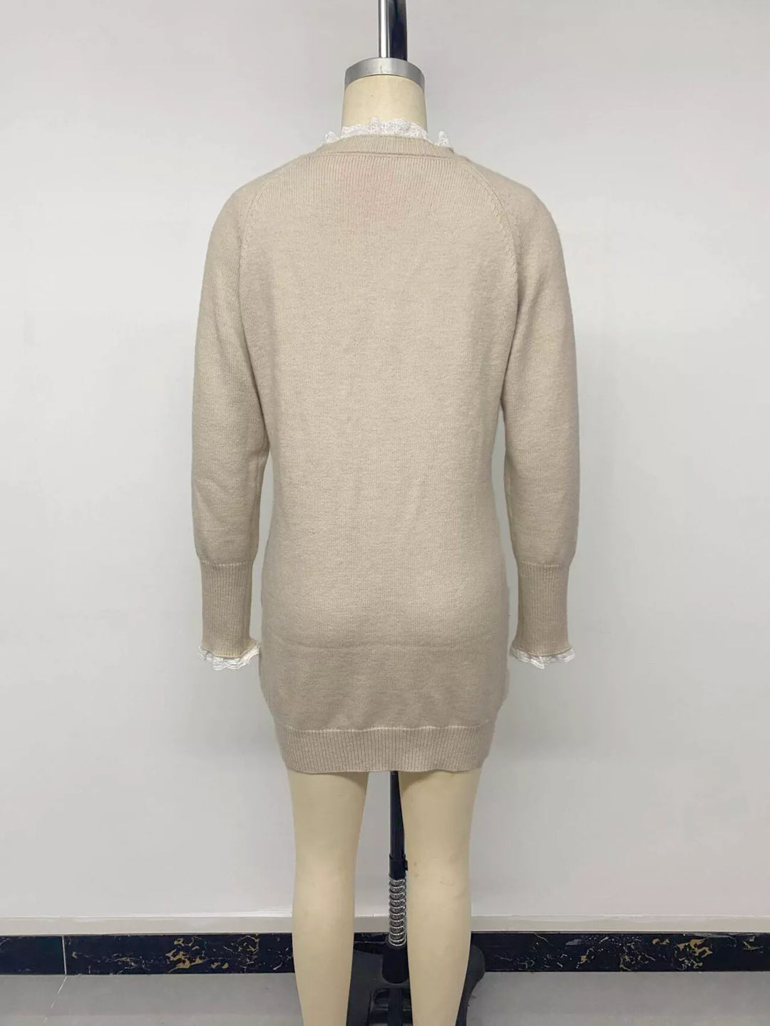 Cable knit raglan sweater dress with lace trim neckline