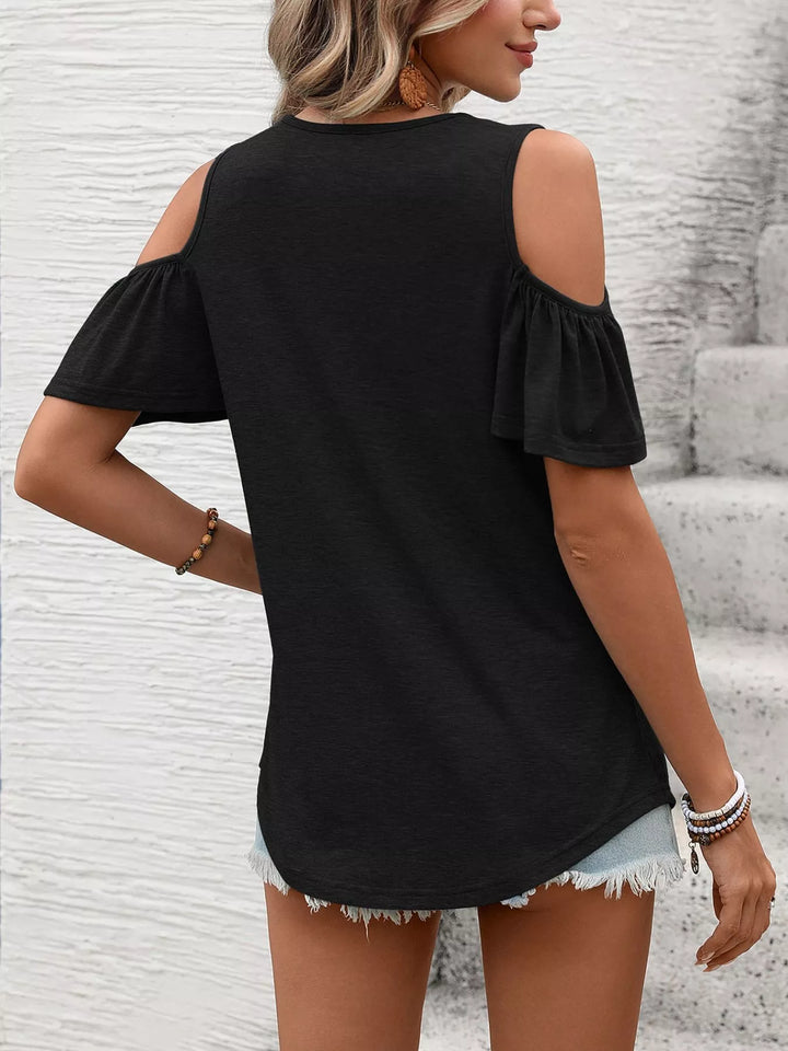 Cold shoulder V-neck top with ruched chest and ruffle sleeves