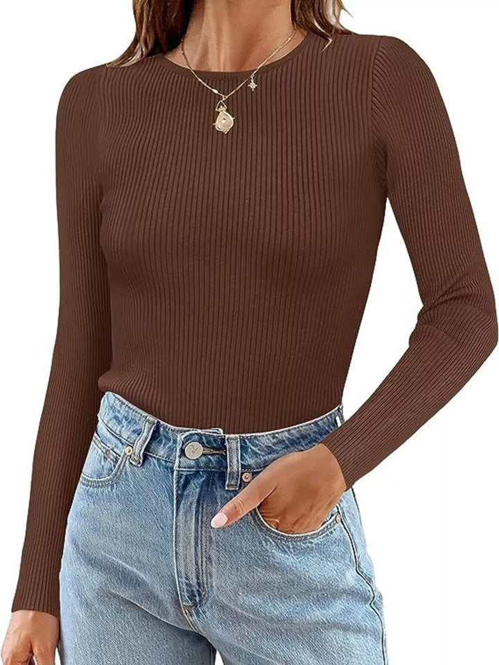 Brown Ribbed knit slim-fit long sleeve crew top