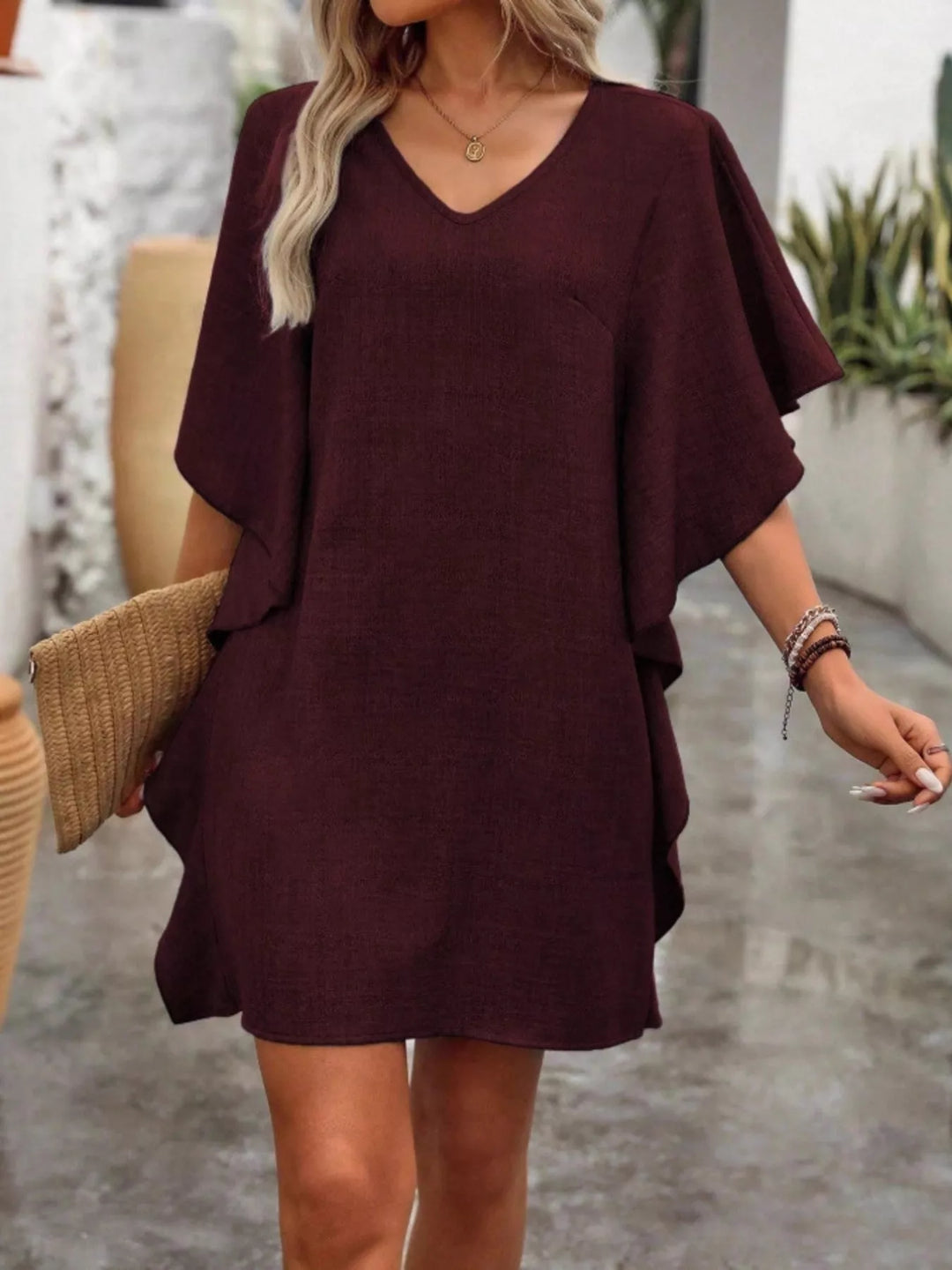 Wine Red Flutter sleeve V-neck mini dress in textured weave