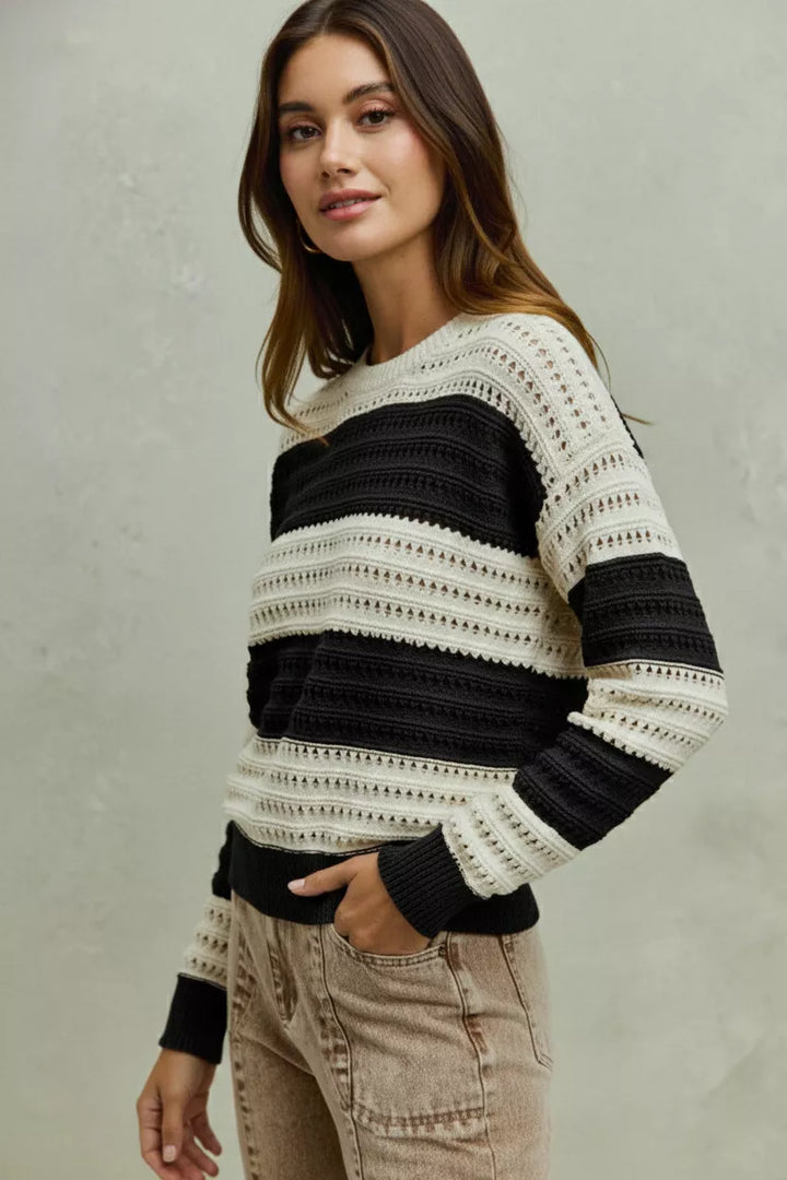Openwork textured wide-stripe knit pullover sweater