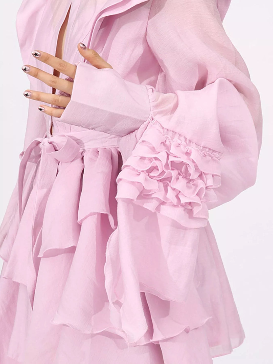 Tiered ruffle chiffon mini dress with puff sleeves