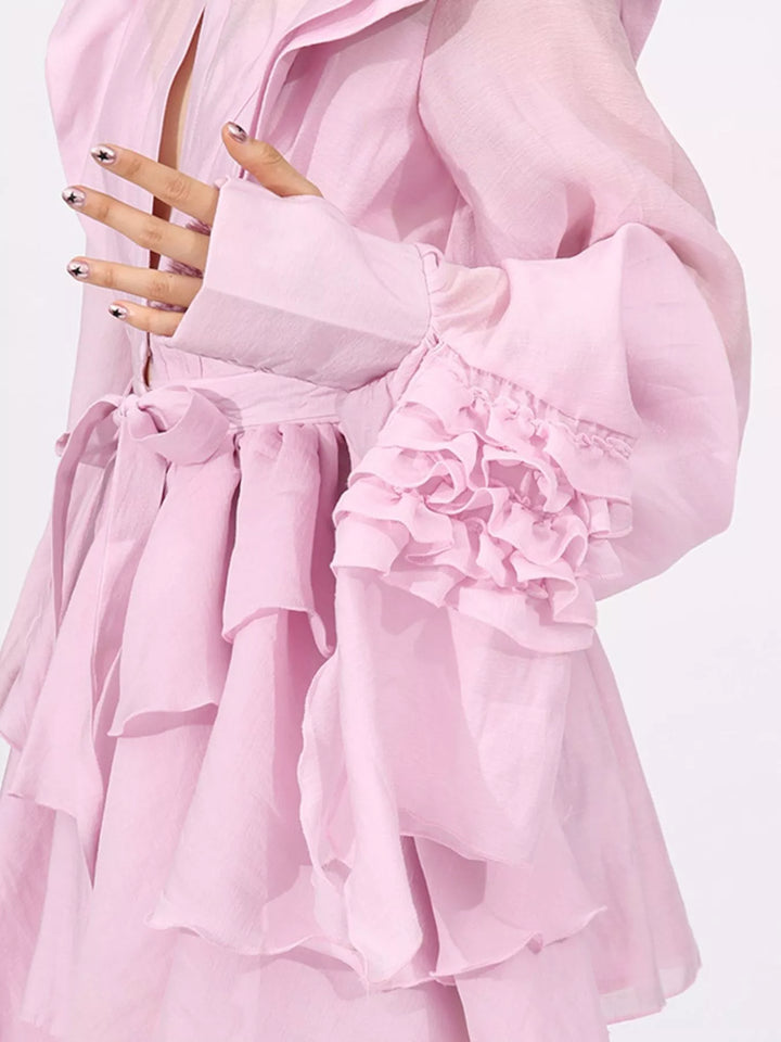 Tiered ruffle chiffon mini dress with puff sleeves