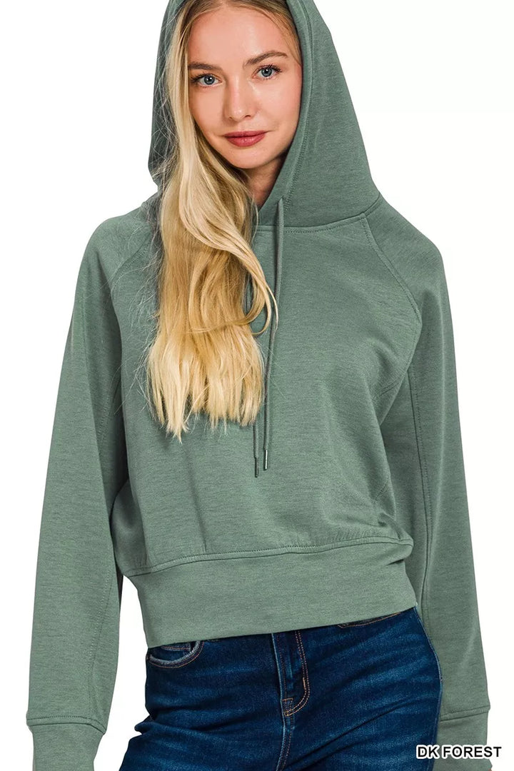 Cropped scuba drawstring hoodie with banded hem