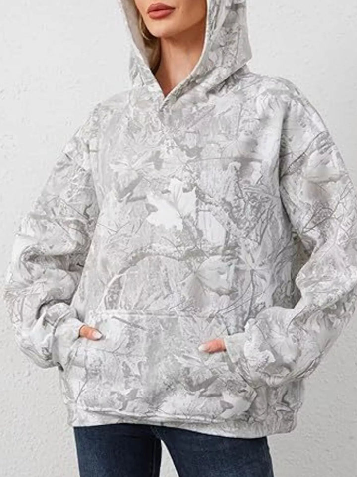 Oversized leaf print pullover hoodie with kangaroo pocket