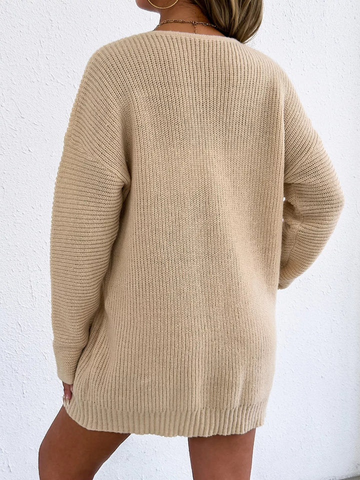 Ribbed knit V-neck sweater dress with center seam