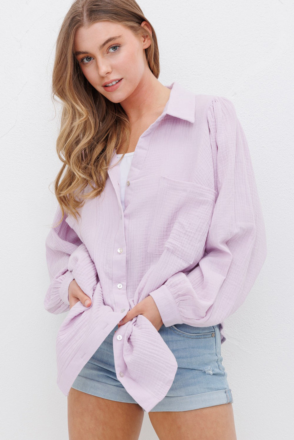 Marseille Textured Gauze Button Down Puff Sleeve Blouse