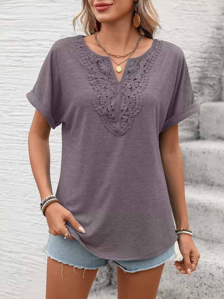 Brown Lace-trim V-neck short sleeve top with rolled cuffs