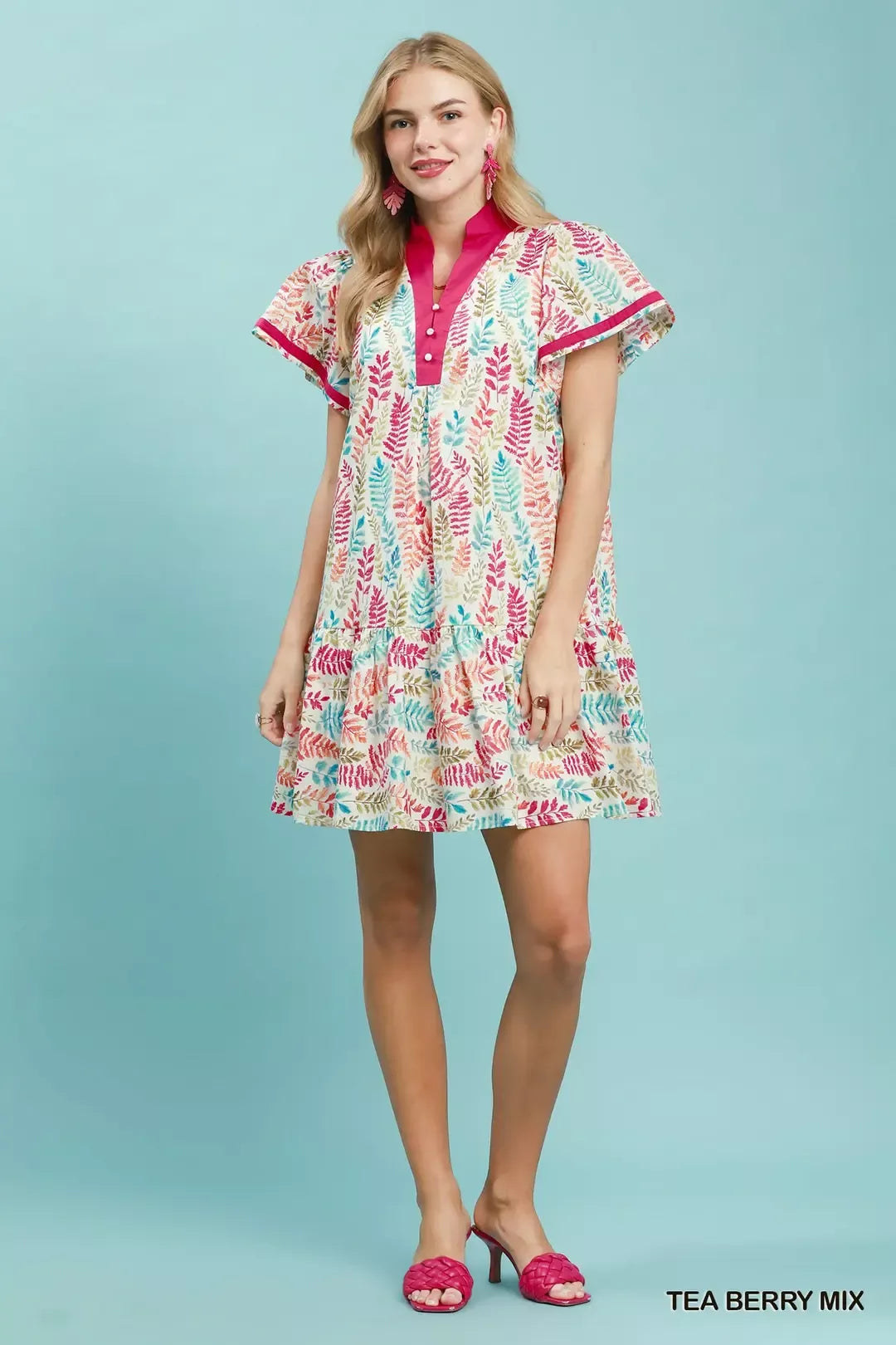 Leaf print flutter sleeve tiered mini dress