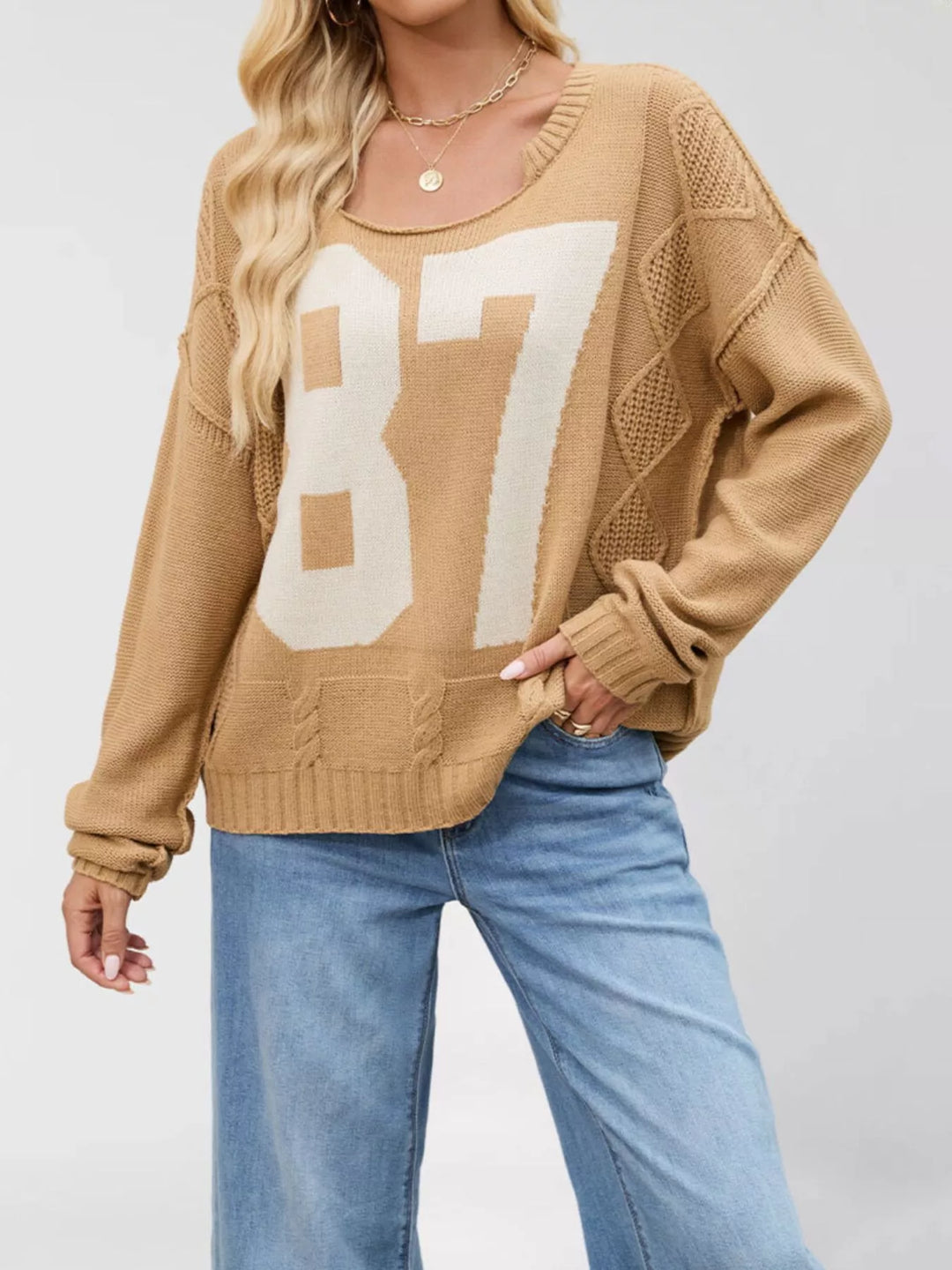 Khaki Varsity 87 cable-knit crew neck pullover sweater