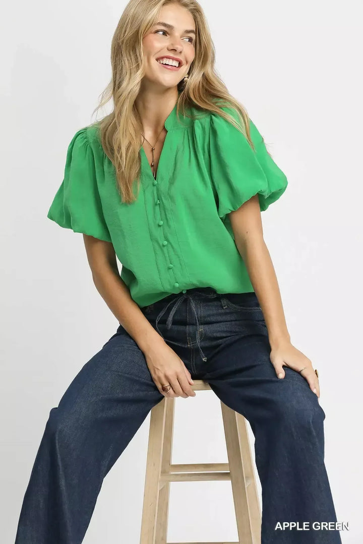 Puff sleeve button-front blouse with notched neckline