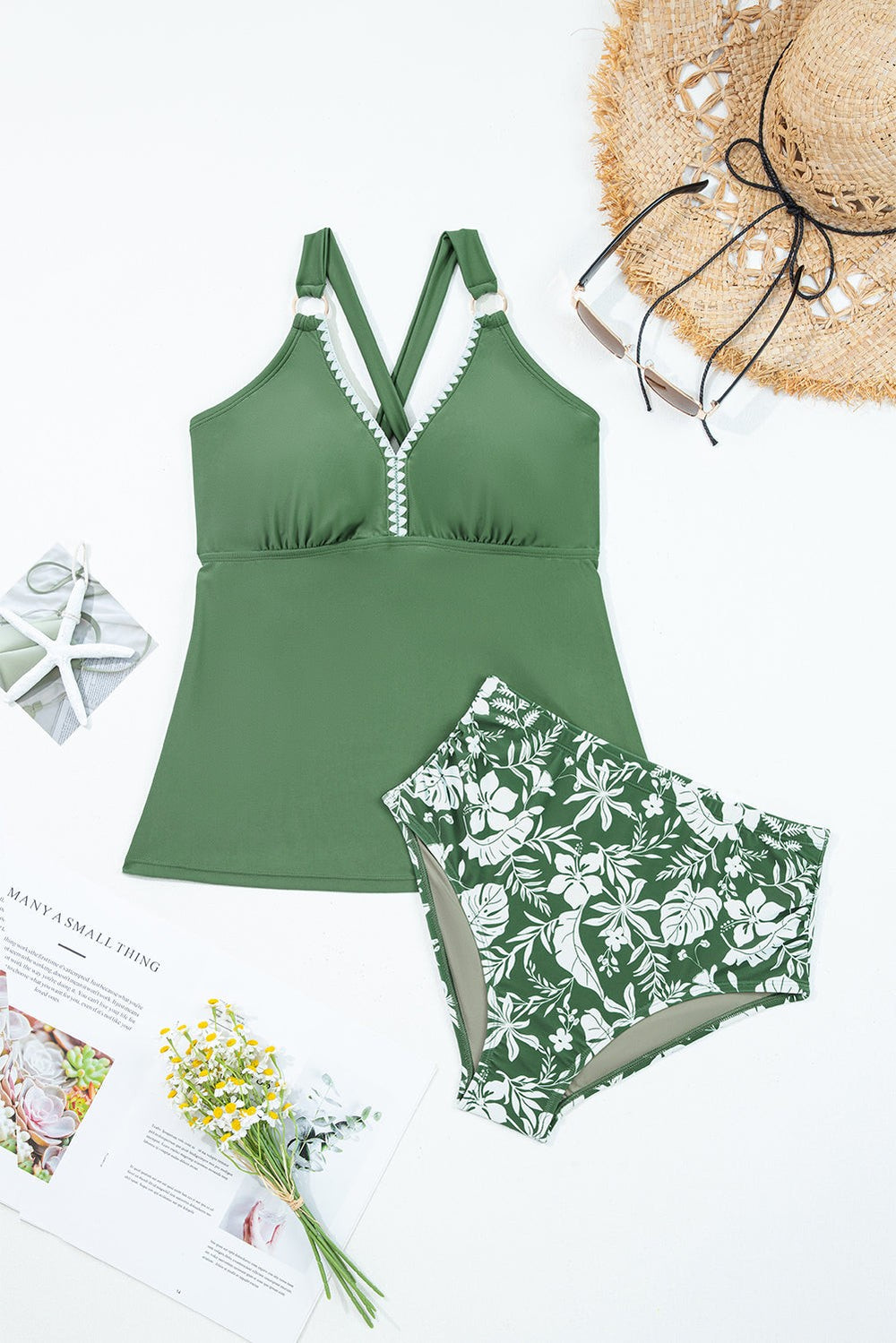 V-neck tankini swim set with O-ring straps and floral bottoms