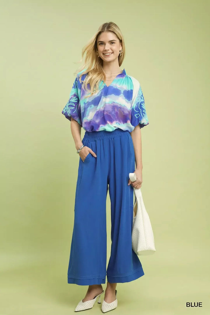 Linen blend wide-leg pants with elastic waist and side pockets