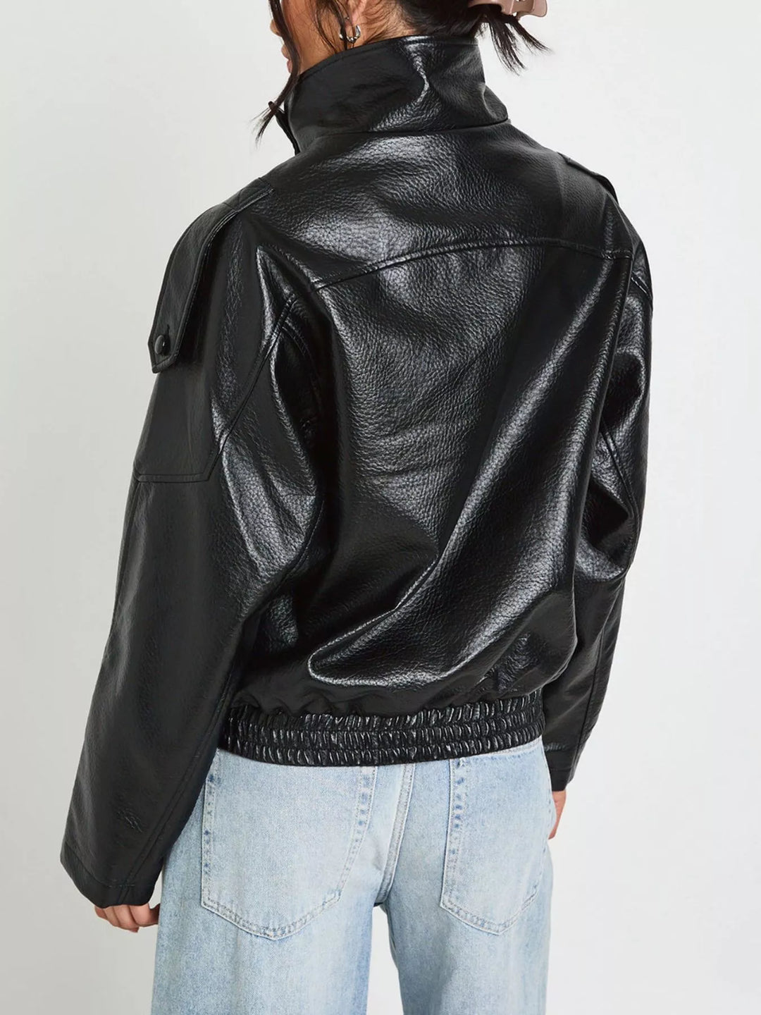 Oversized faux leather moto jacket with asymmetrical zip