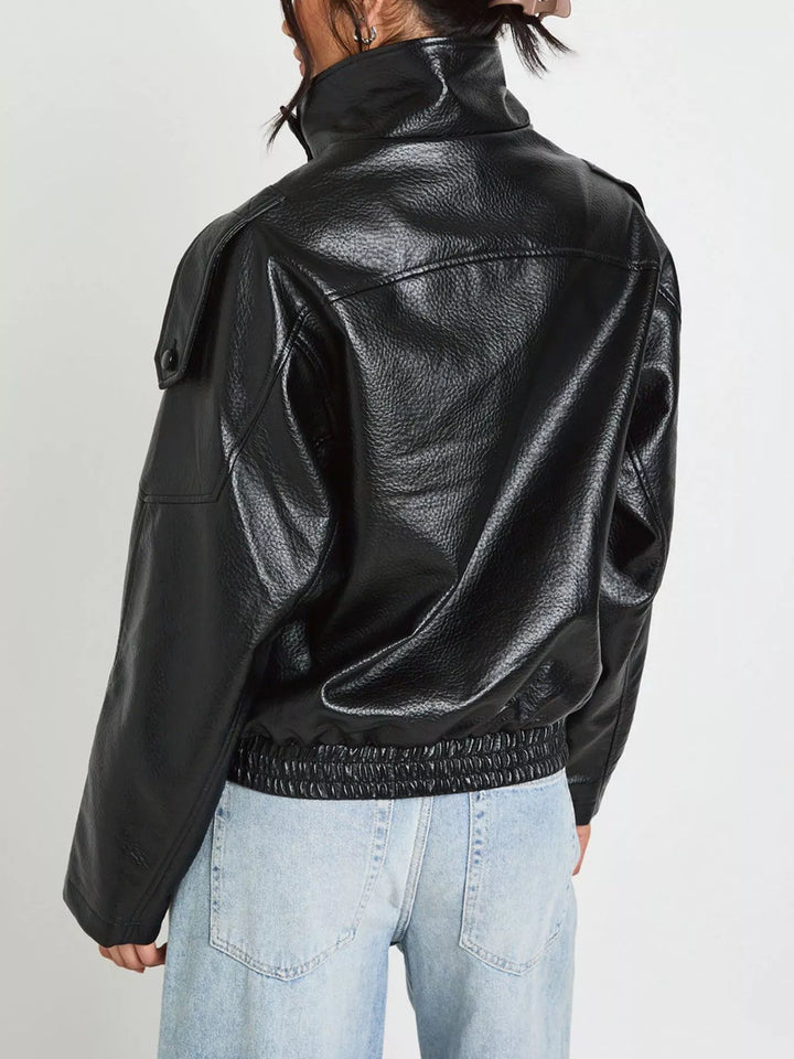 Oversized faux leather moto jacket with asymmetrical zip