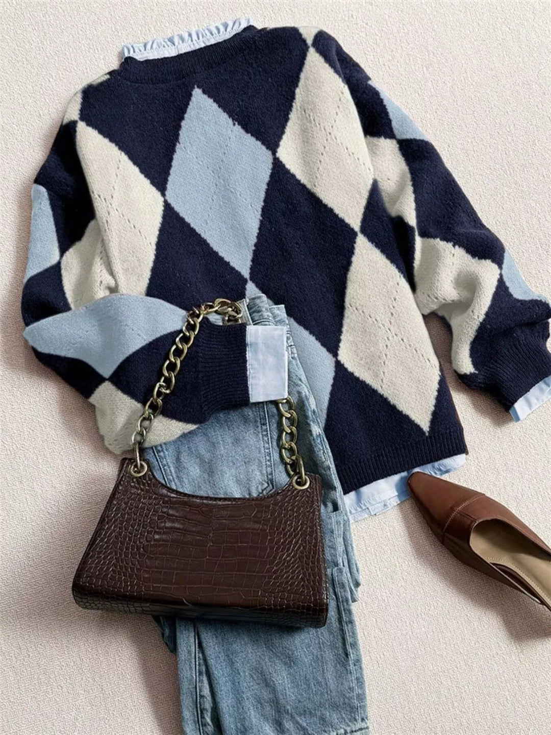 Argyle diamond knit round neck pullover sweater