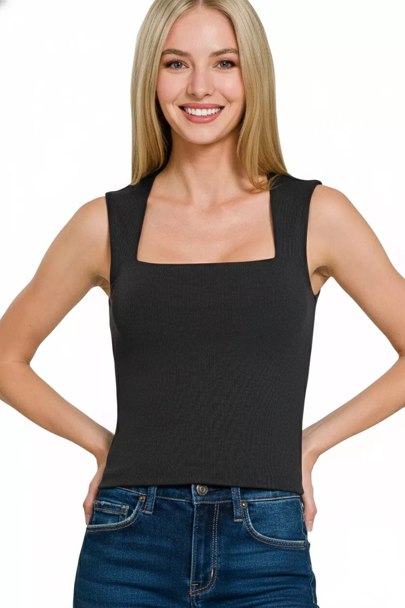 Ribbed seamless double-layer square neck tank