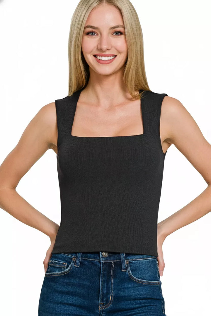 Ribbed seamless double-layer square neck tank