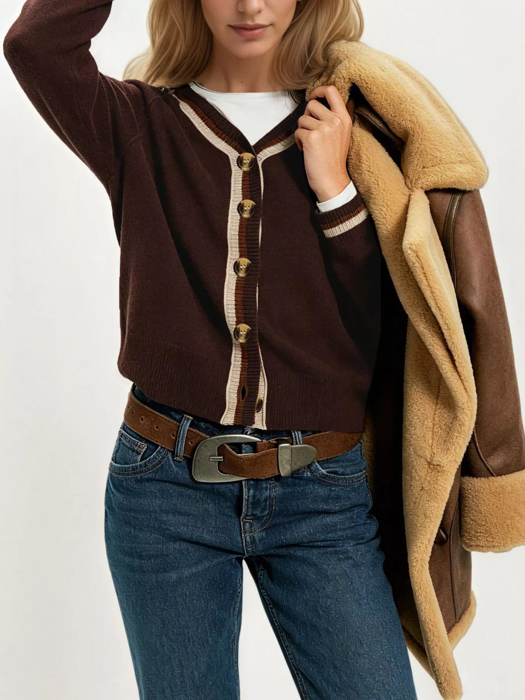 Brown Striped trim V-neck button-down knit cardigan
