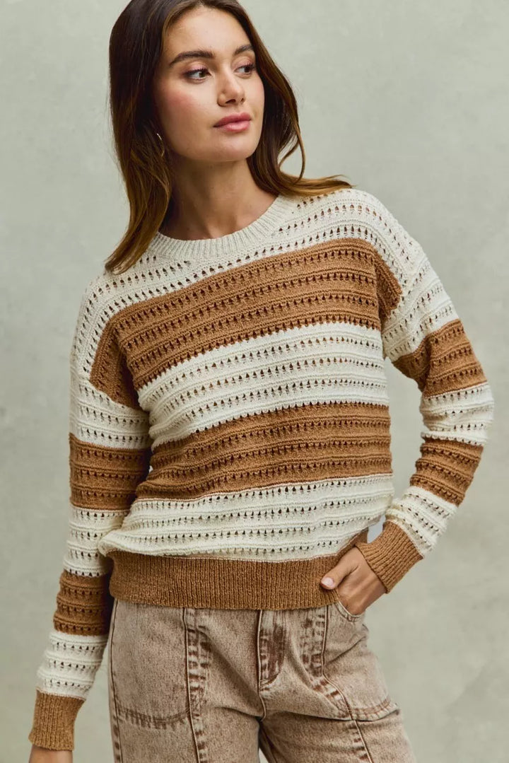 Openwork wide stripe textured knit crewneck sweater