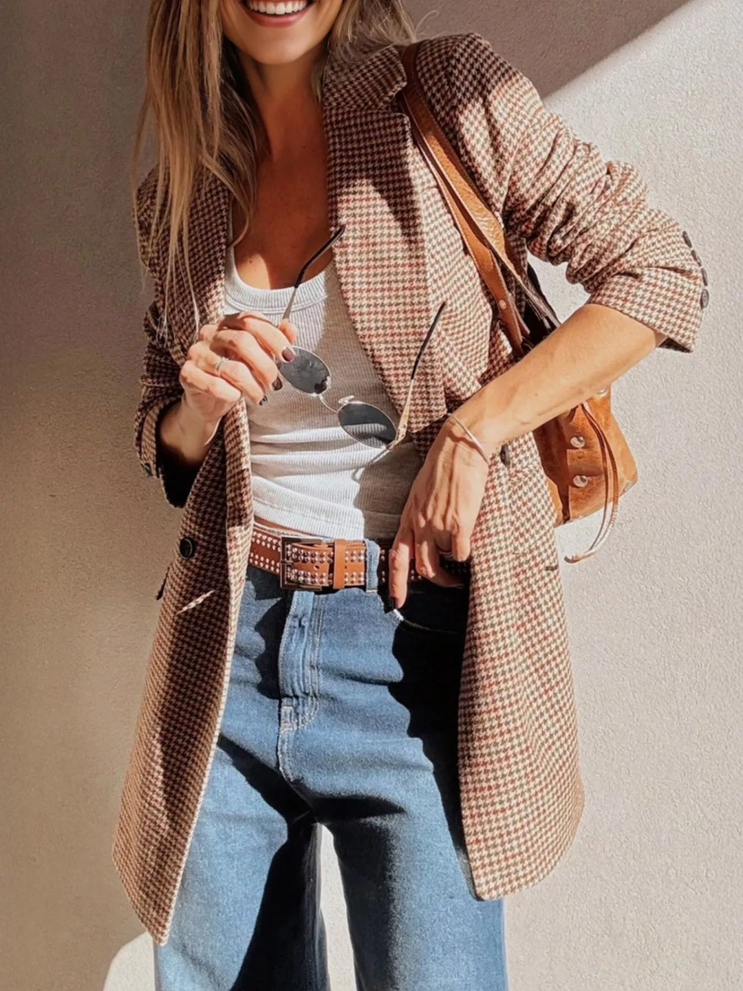 Camel Houndstooth notched lapel longline blazer with buttons
