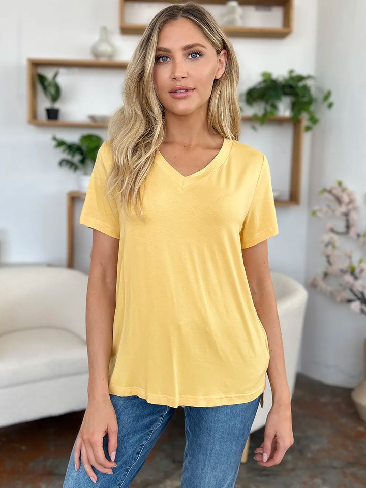 V-neck high-low bamboo tee with side slits