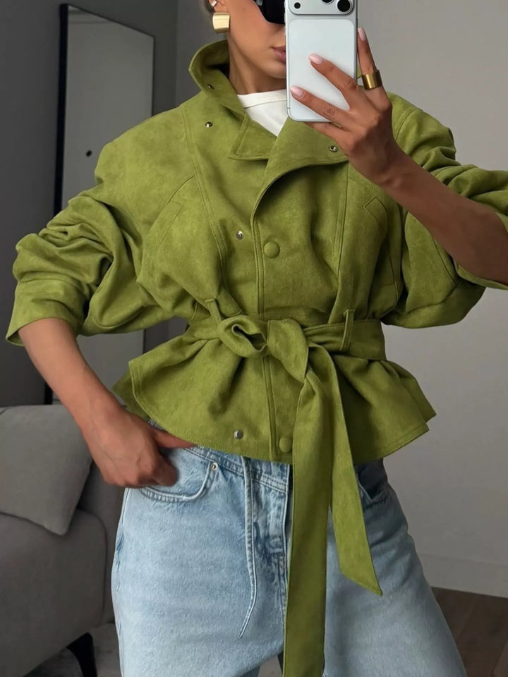 Tie waist cropped jacket with stand collar and snap front