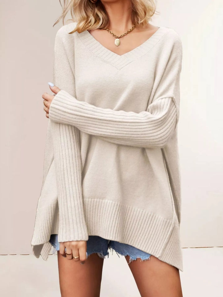 Apricot Oversized ribbed-sleeve V-neck tunic sweater with side slits