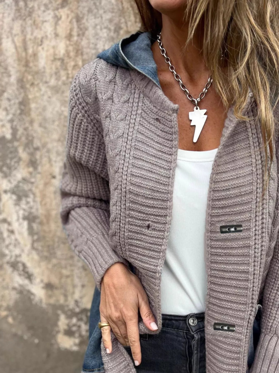 Hooded cable knit longline cardigan with toggle buttons