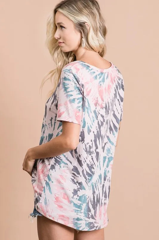 Tie-dye terry deep U-neck short sleeve top