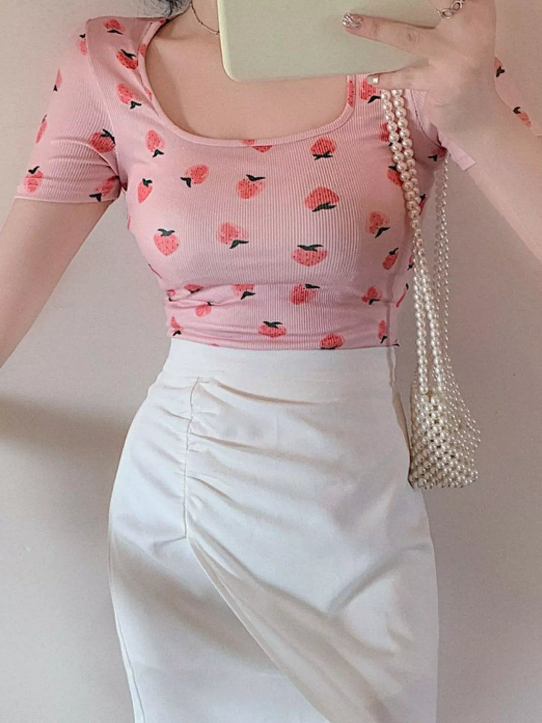 All-over fruit print square-neck crop top