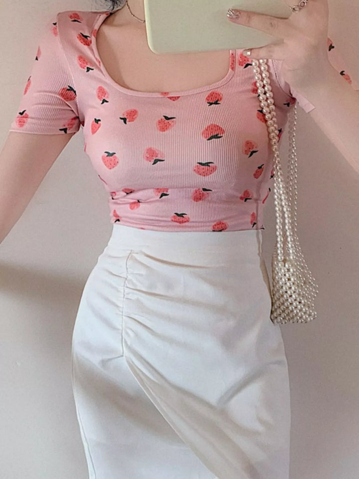 All-over fruit print square-neck crop top