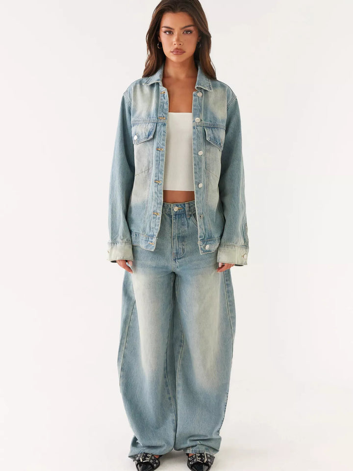 Oversized button-up denim jacket and jeans two-piece set