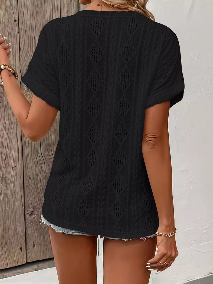 Diamond pointelle knit split-neck top with buttons