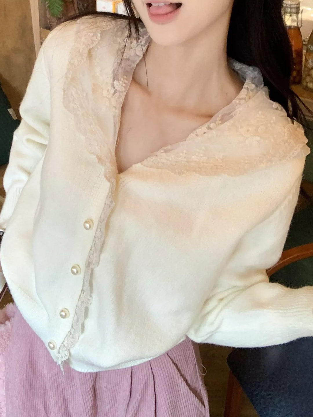 Apricot Lace collar knit cardigan with pearl buttons