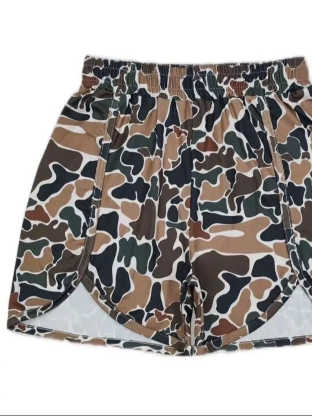 Brown Camo print flowy running shorts with elastic waist