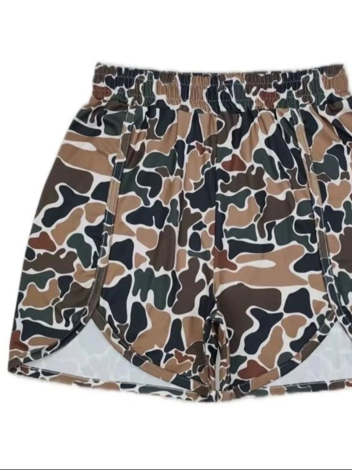 Brown Camo print flowy running shorts with elastic waist