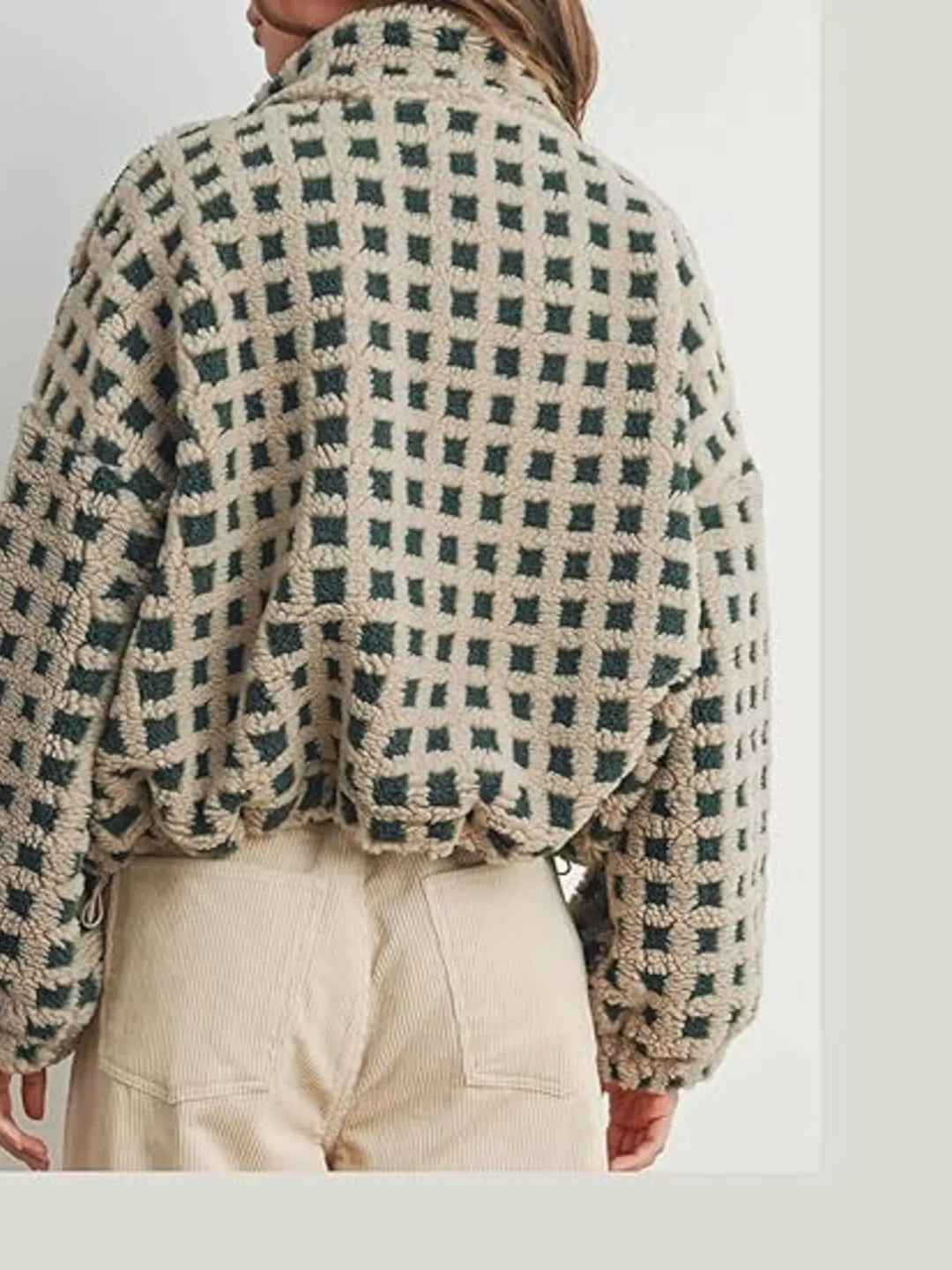 Plaid sherpa zip-up jacket with stand collar and drawstring hem