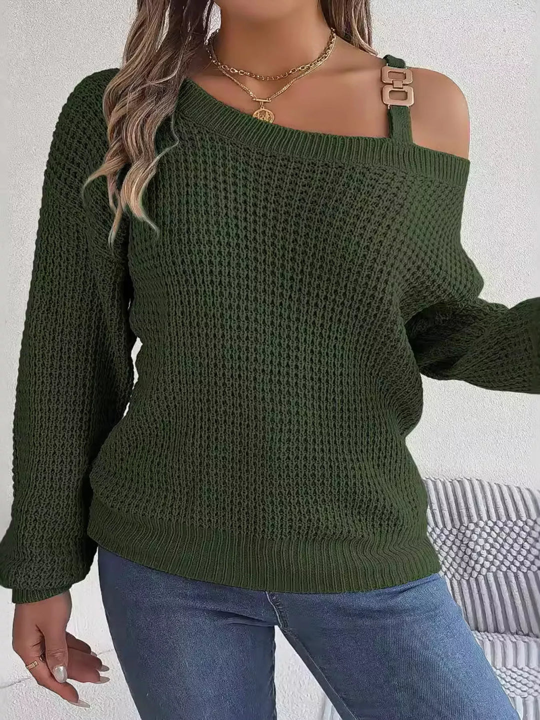 Asymmetrical cold-shoulder openwork knit sweater with chain strap