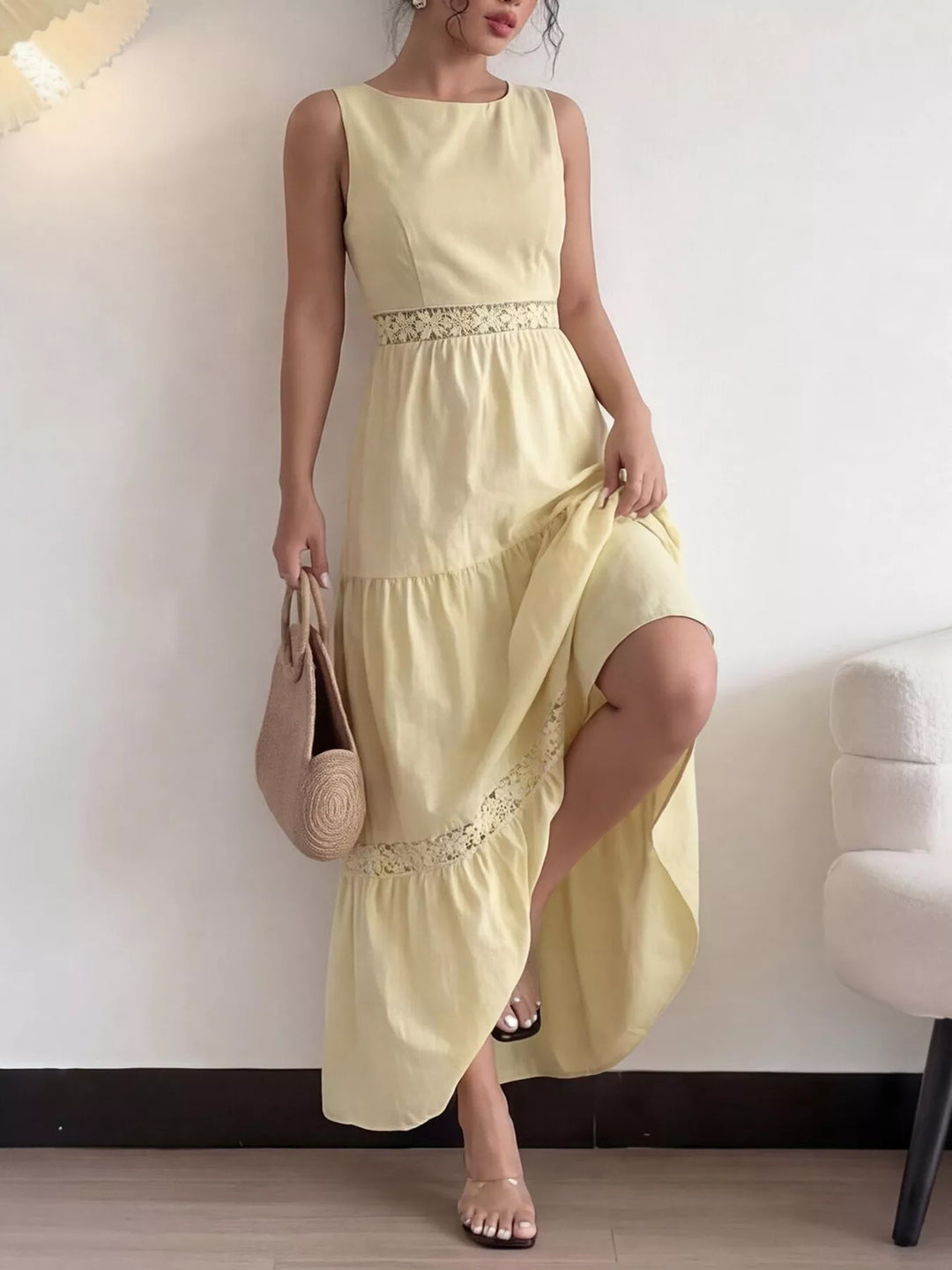 Sleeveless tiered maxi dress with lace inset waist