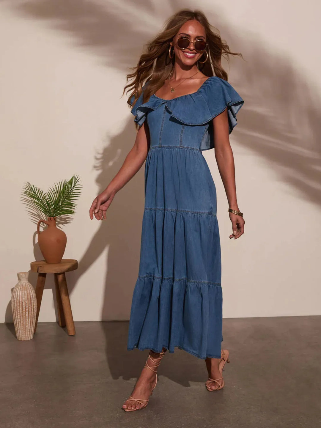 Off-shoulder tiered ruffle denim midi dress