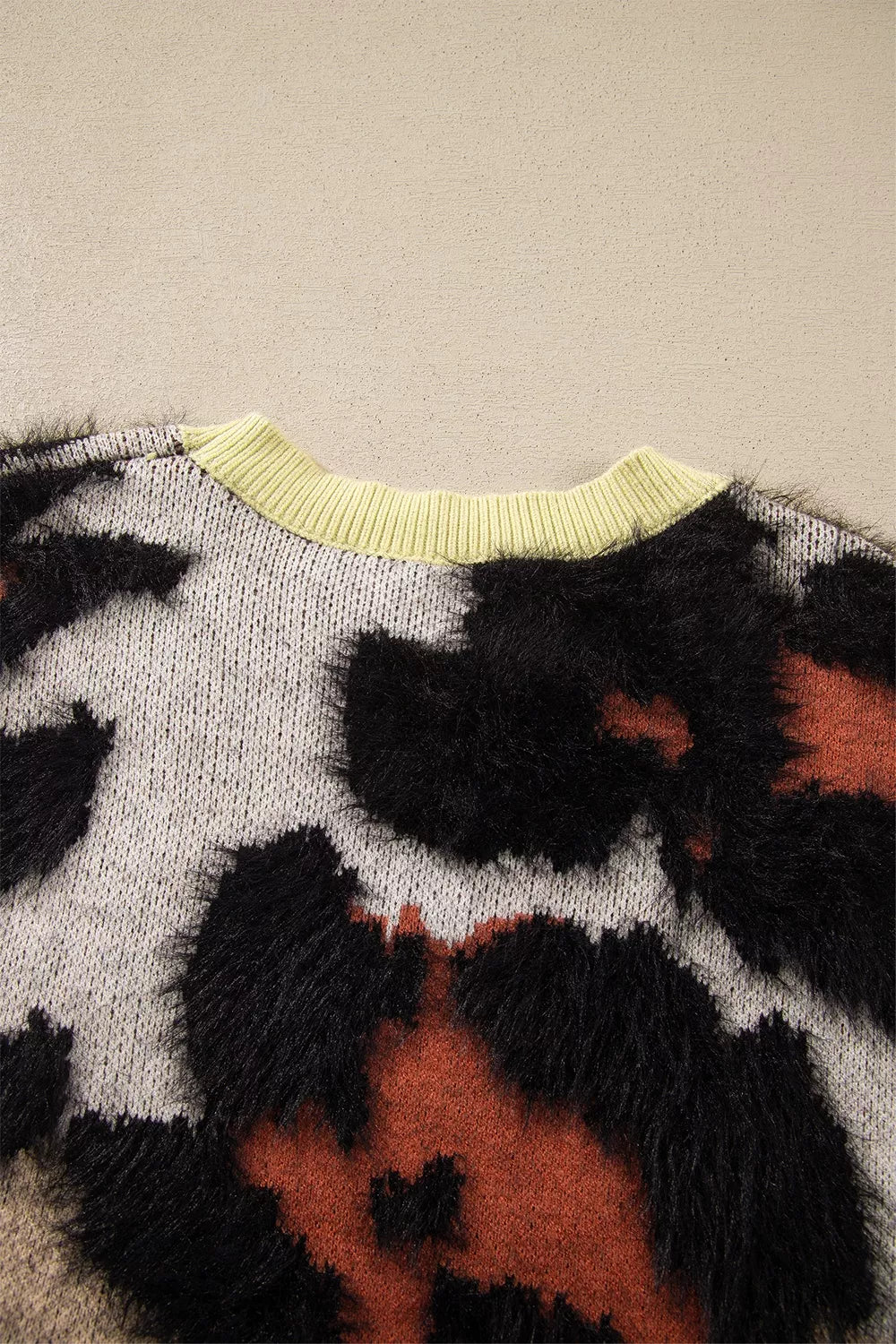Fuzzy leopard print drop shoulder crew neck sweater