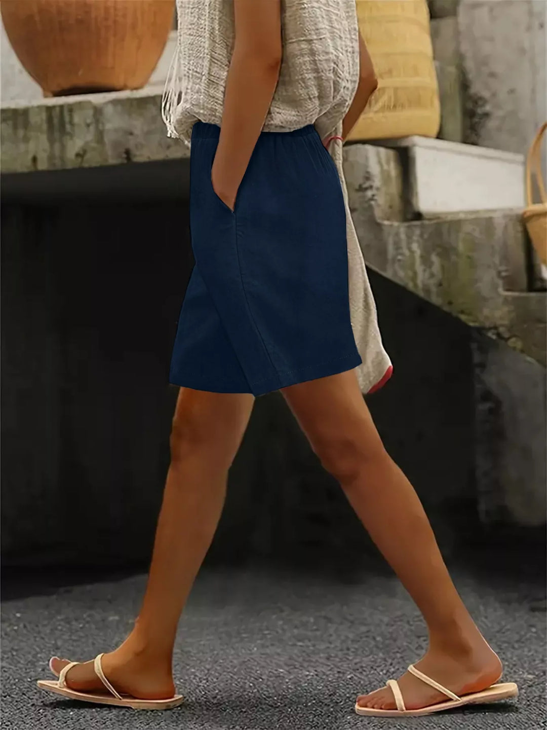 Plus-size elastic waist button-front shorts with pockets